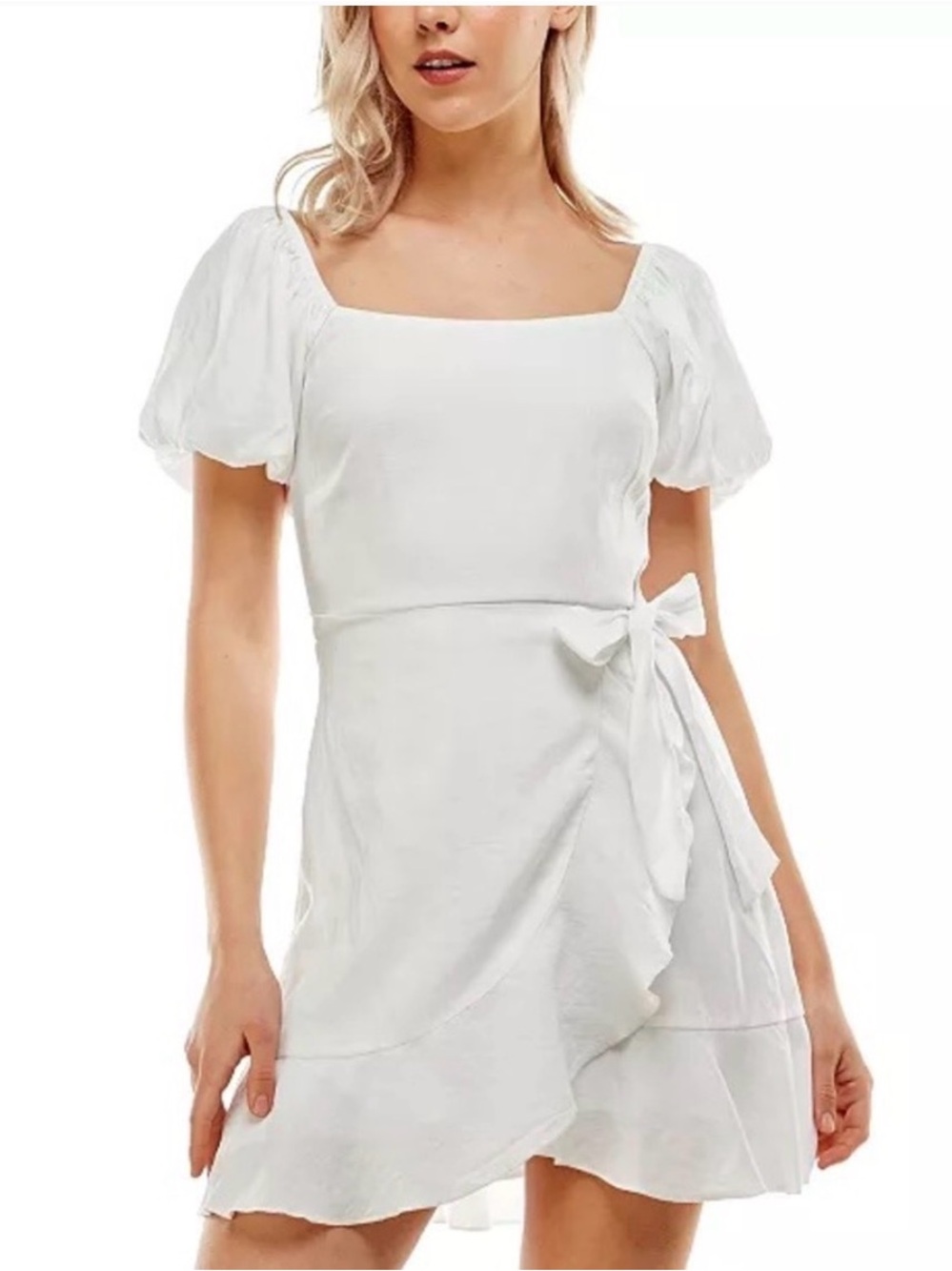 Trixxi White Puff Sleeve Faux Wrap Dress size medium